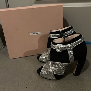 Miu Miu Glitter and Suede Peeptoe Booties